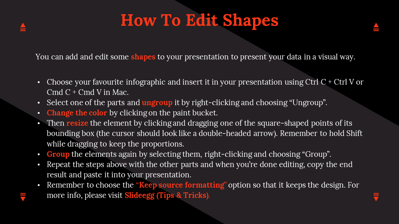 A tutorial slide explaining how to edit shapes in PPT with steps for copying, ungrouping, resizing, and regrouping elements.