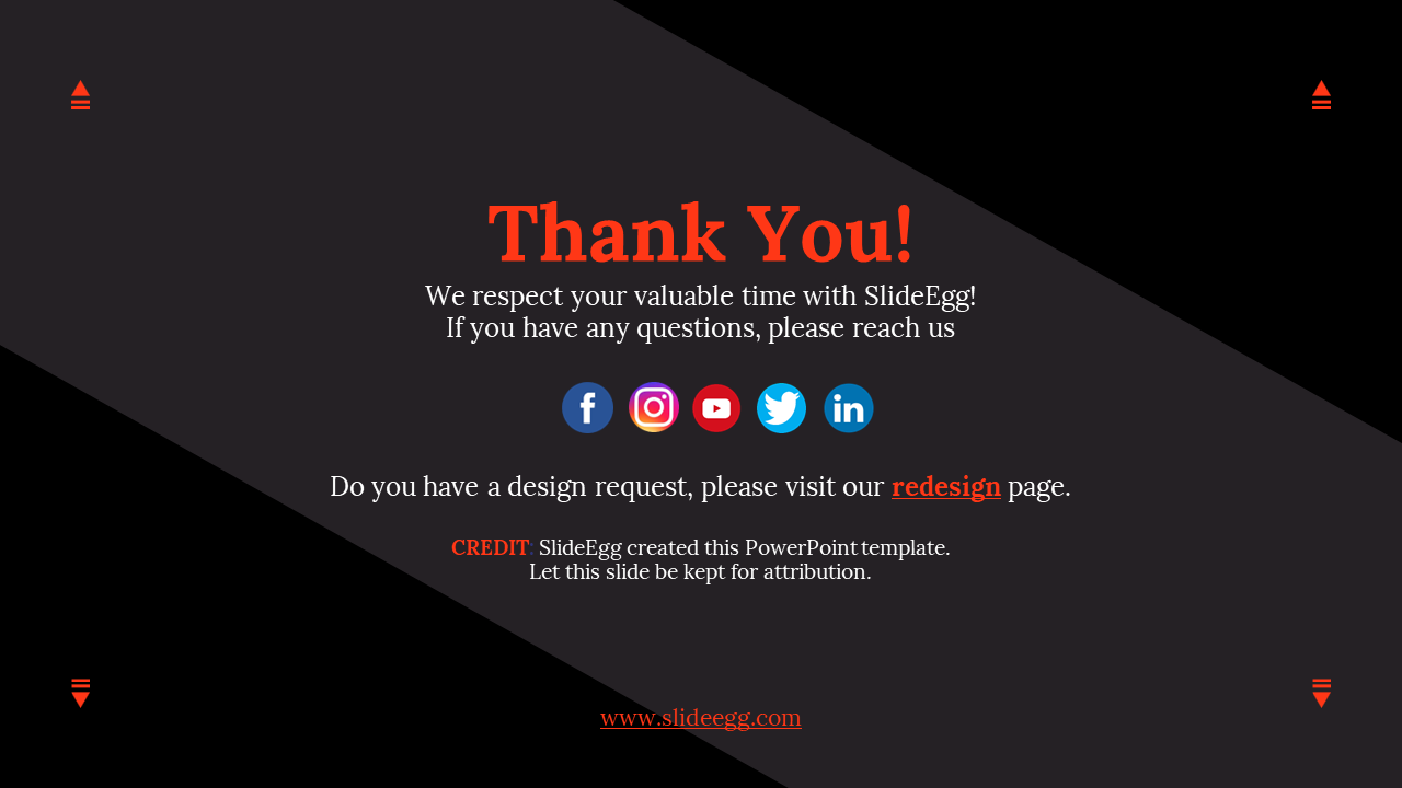 Thank you slide from SlideEgg with social media icons and a reminder to credit SlideEgg on a dark backdrop.