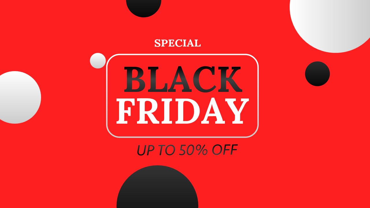 Special Black Friday sale graphic with text on a red background with black and white circles.