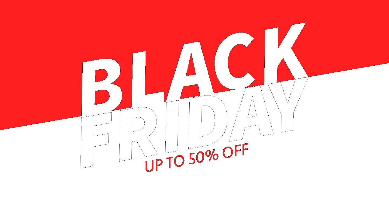 Bold Black Friday sale graphic in large letters at the bottom, against a red background.