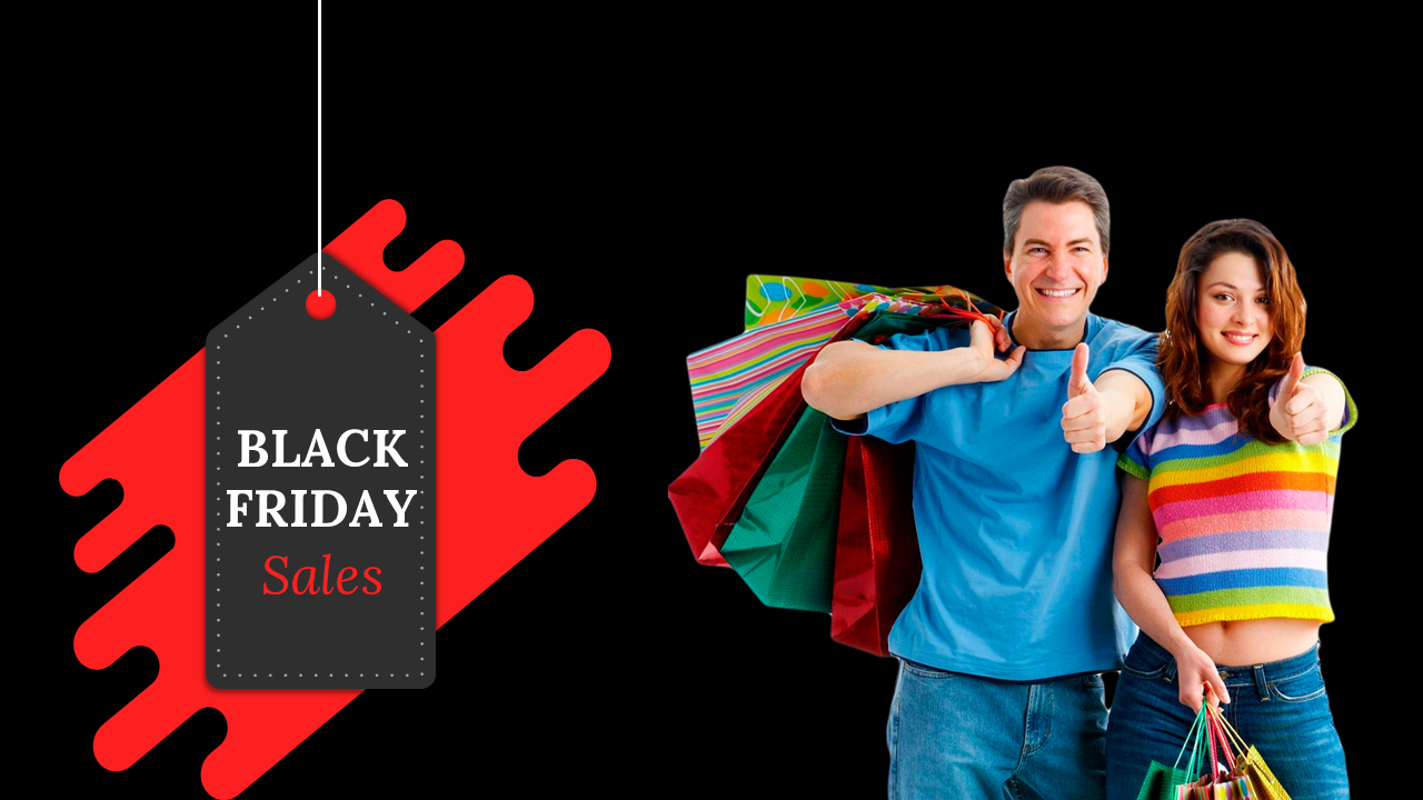 Happy couple giving thumbs up while holding shopping bags with a Black Friday sale tag in the background.