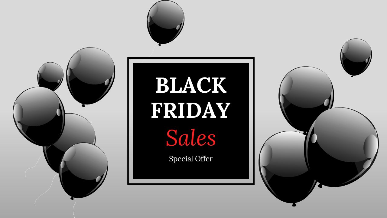 Black Friday sales banner with black balloons surrounding a tag and special offer text on a gray backdrop.