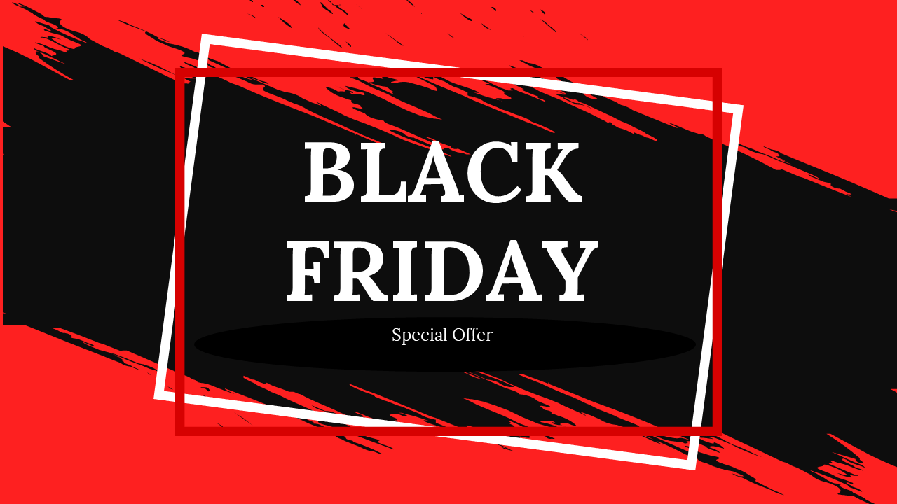 Black Friday sale graphic with bold text framed by a red and black abstract design and special offer at the bottom.
