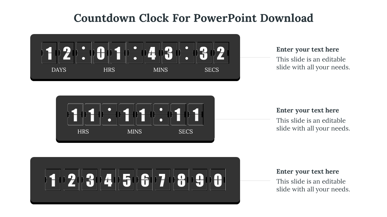 Countdown clock PowerPoint templates displaying days, hours, minutes, and seconds, with text placeholders in white backdrop.