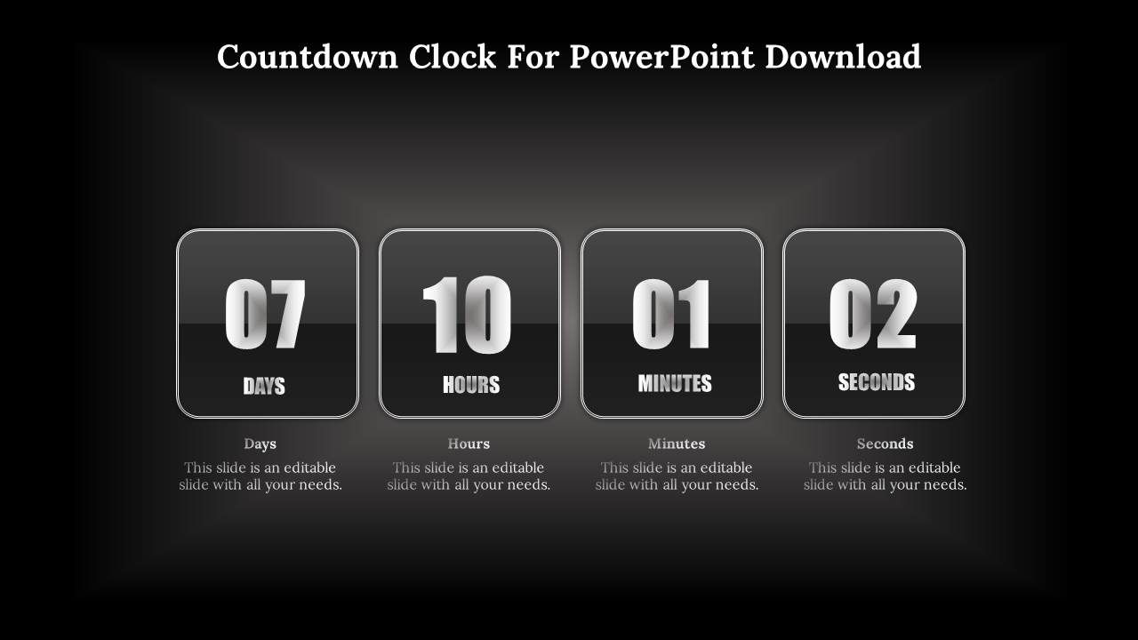 Countdown clock PowerPoint template showing days, hours, minutes, and seconds, with text placeholders for each time unit.