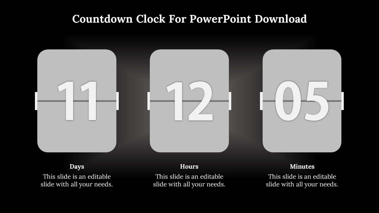 Countdown clock PPT template with fields for days, hours, and minutes, featuring a gray color scheme on a black backdrop.