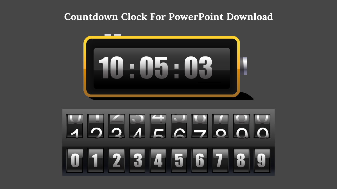 Countdown clock slide featuring a digital clock display with time in hours, minutes, and seconds, and number fields below.