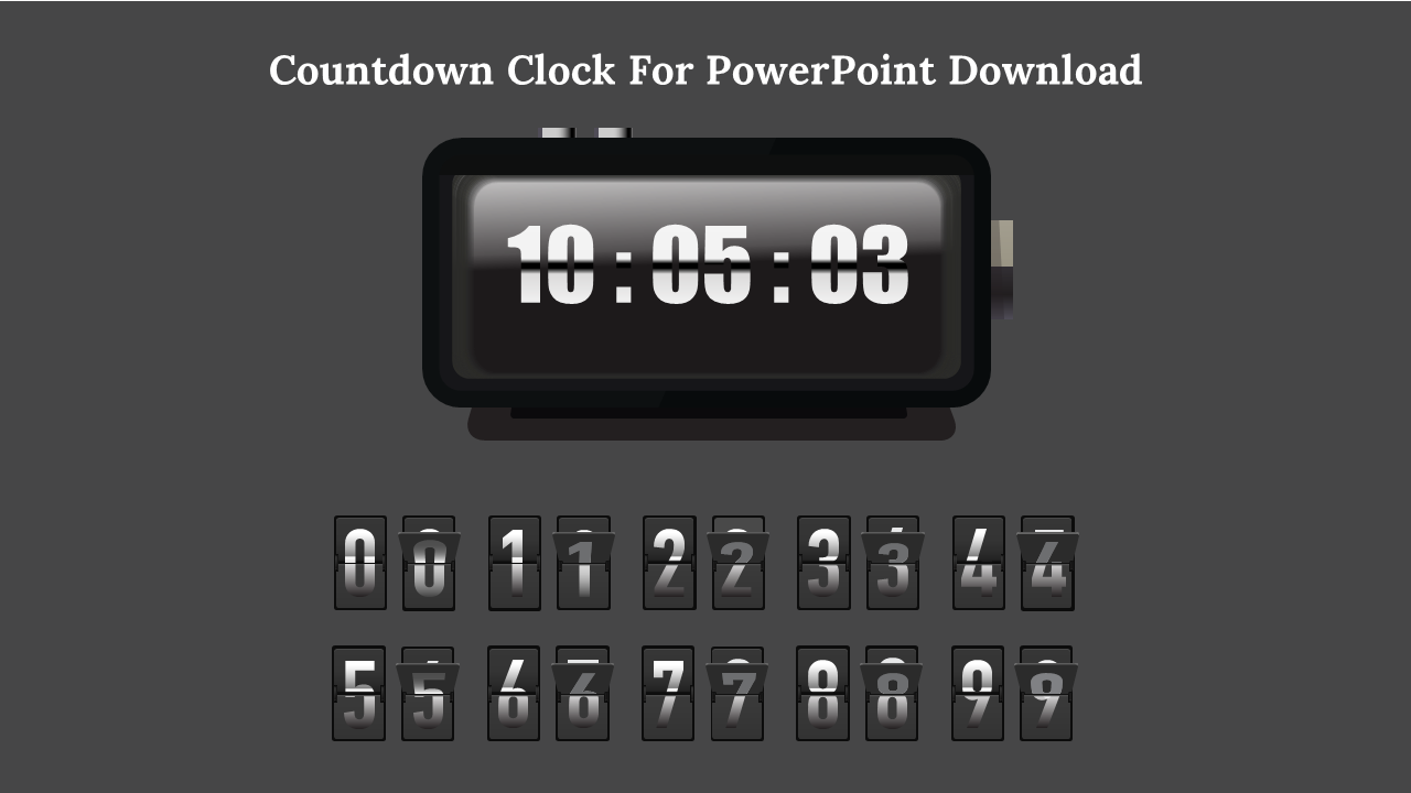 Countdown clock PPT template with a digital display showing hours, minutes, and seconds, with a number grid below.