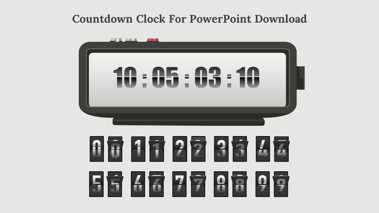 Countdown clock template displaying a digital timer with hours, minutes, seconds, and tenths of a second, and a number grid.