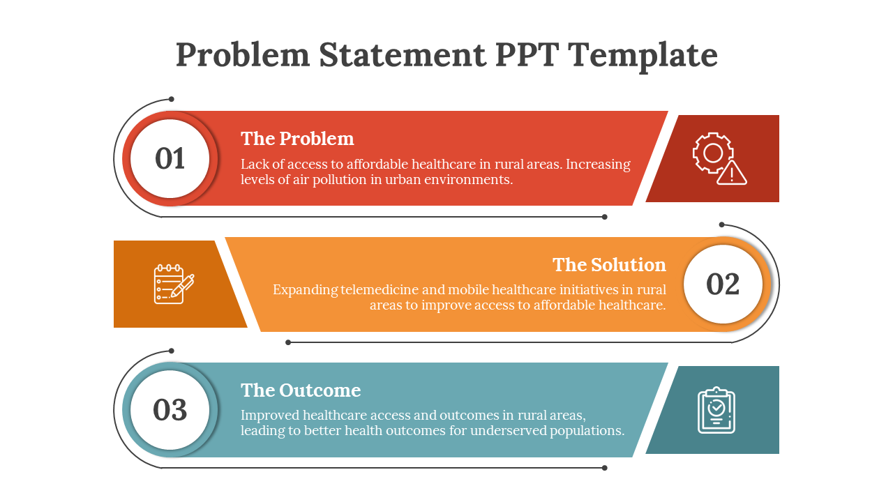 Problem Statement PowerPoint template with three colorful sections and icons with descriptions on a white backdrop.