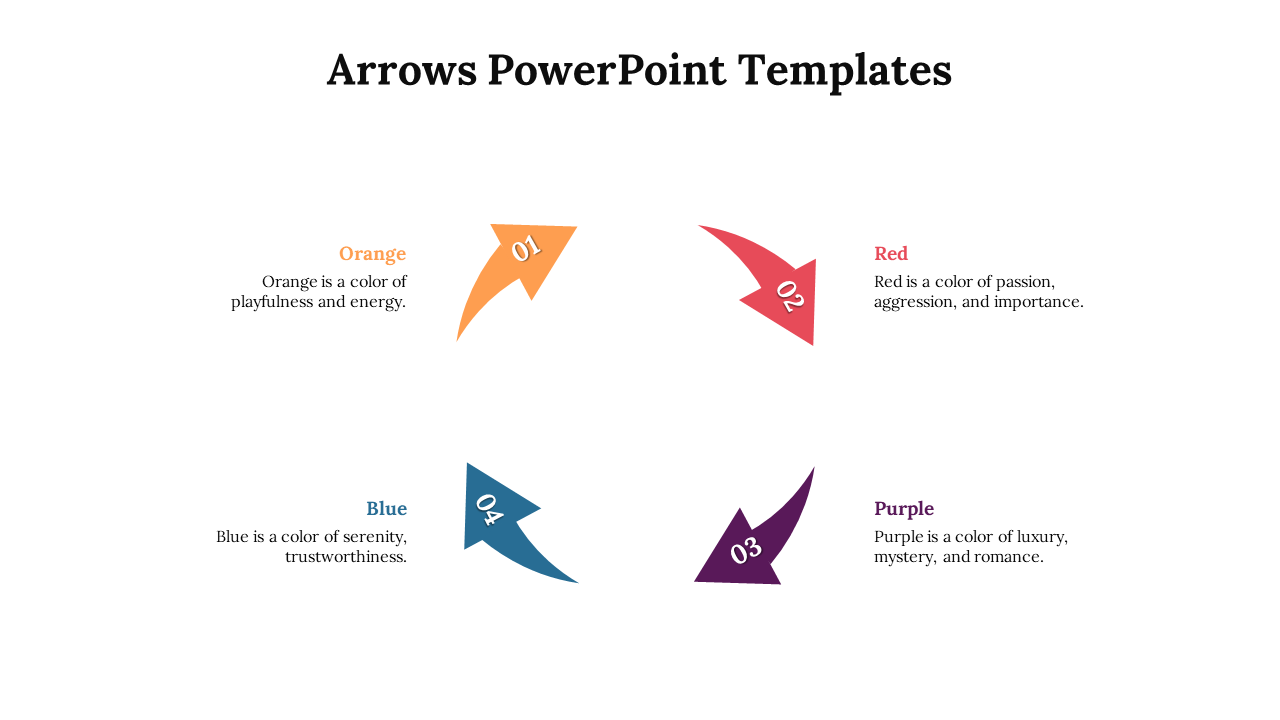 Arrows PPT slide with four arrows in orange, red, blue, and purple, each color representing a different characteristic.