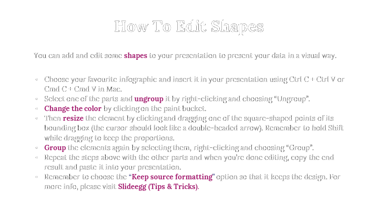 How To Edit Shapes slide with instructions in bullet points on a white backdrop.