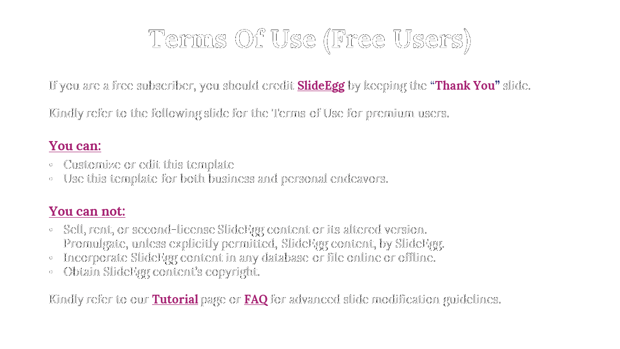 Terms of Use for free SlideEgg users in bullet points on a white backdrop.