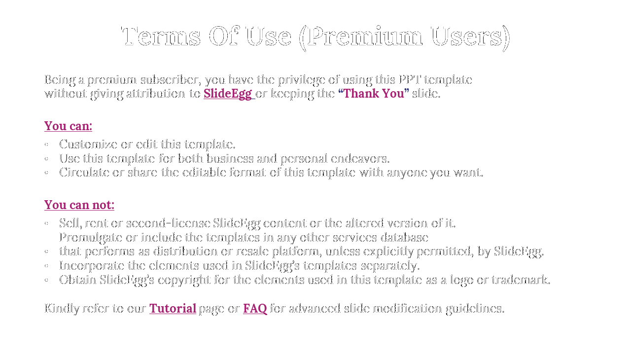Terms of Use for SlideEgg premium users with bullet points and text highlighted on a white backdrop.