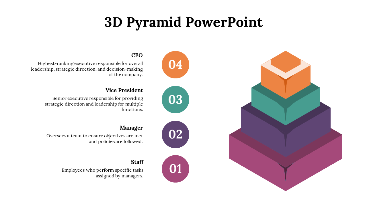 Colorful 3D pyramid chart displaying an organizational hierarchy with the CEO at the top with descriptions for each role.