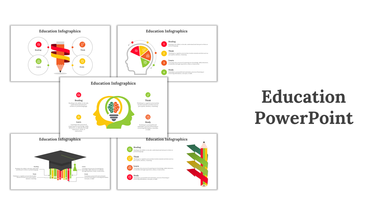 Best collection of modern education PowerPoint slides with infographic designs, academic icons, and colorful visuals.
