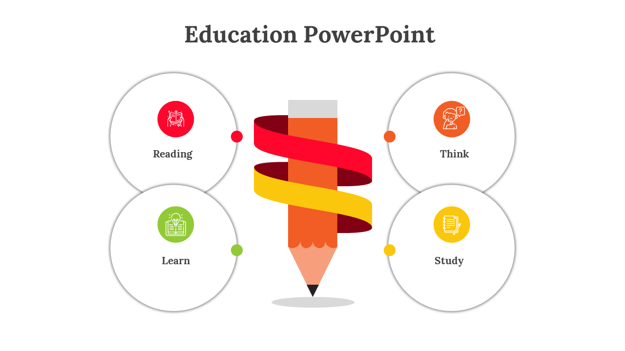Education PowerPoint slide with a colorful pencil and circles with color coded icons on a white backdrop.