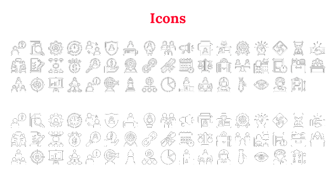 A collection of icons for business and project management including gears, people, charts, and more on a white backdrop.