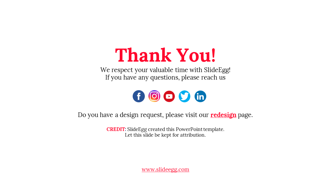 SlideEgg appreciation slide, featuring contact information and a link to the redesign page on a white backdrop.
