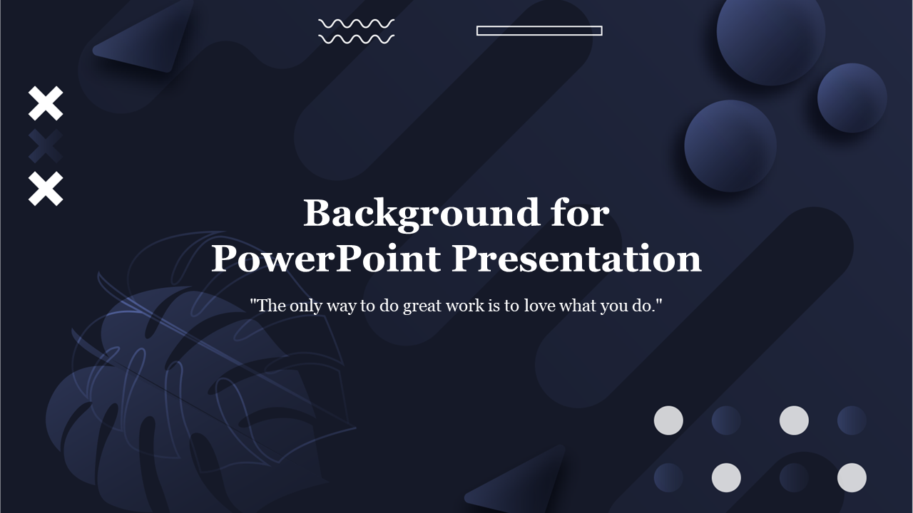 Abstract background for PowerPoint with geometric shapes and a quote about doing great work on a dark blue backdrop.
