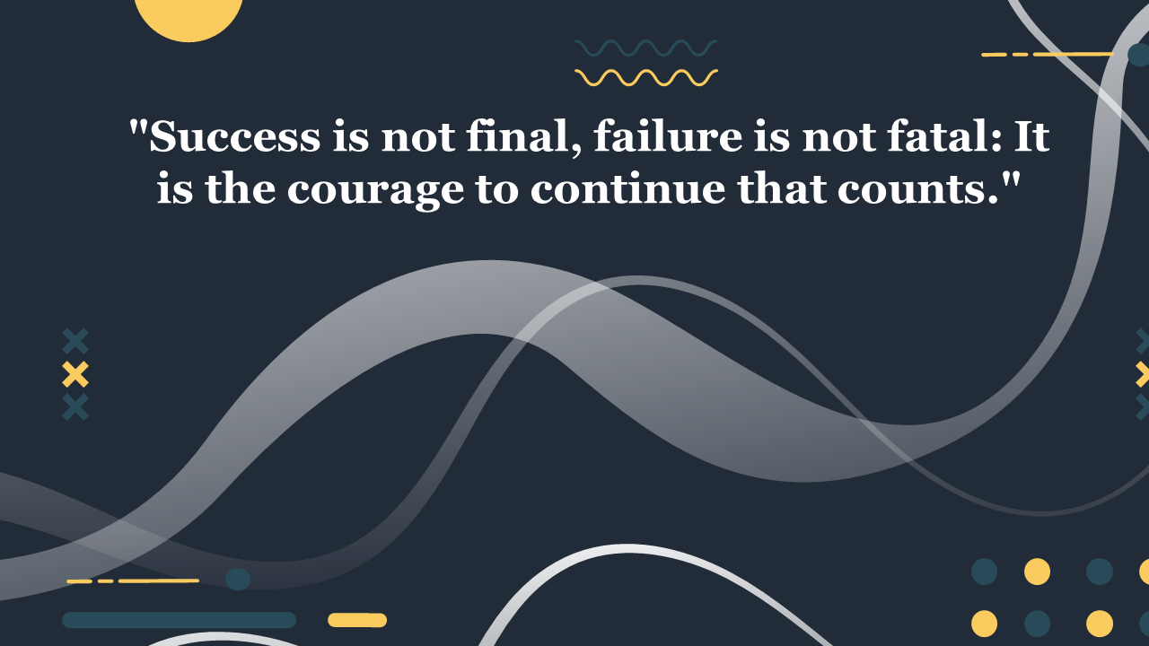 Motivational quote on a dark abstract background featuring waves and geometric shapes.