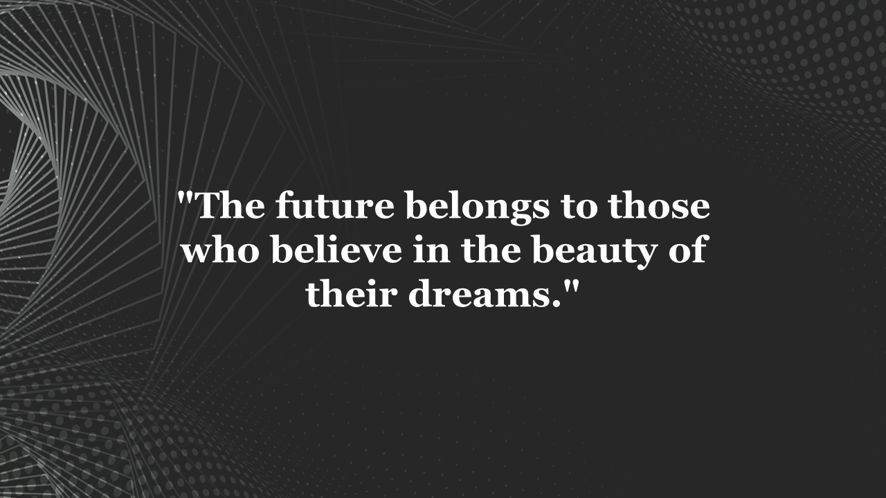 Minimalistic dark PowerPoint slide featuring a quote about the future, surrounded by abstract line patterns.