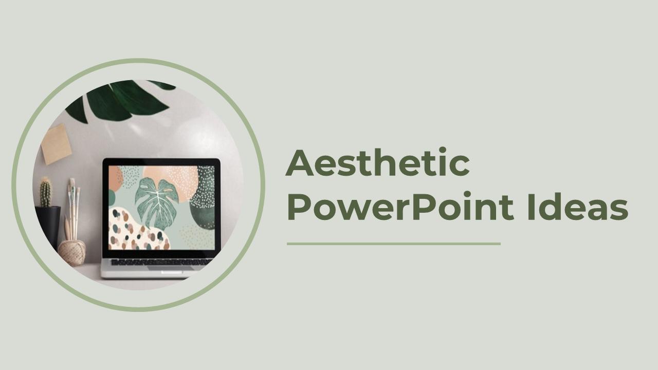 Aesthetic PowerPoint ideas with a laptop displaying a colorful abstract background and potted plants on a table.