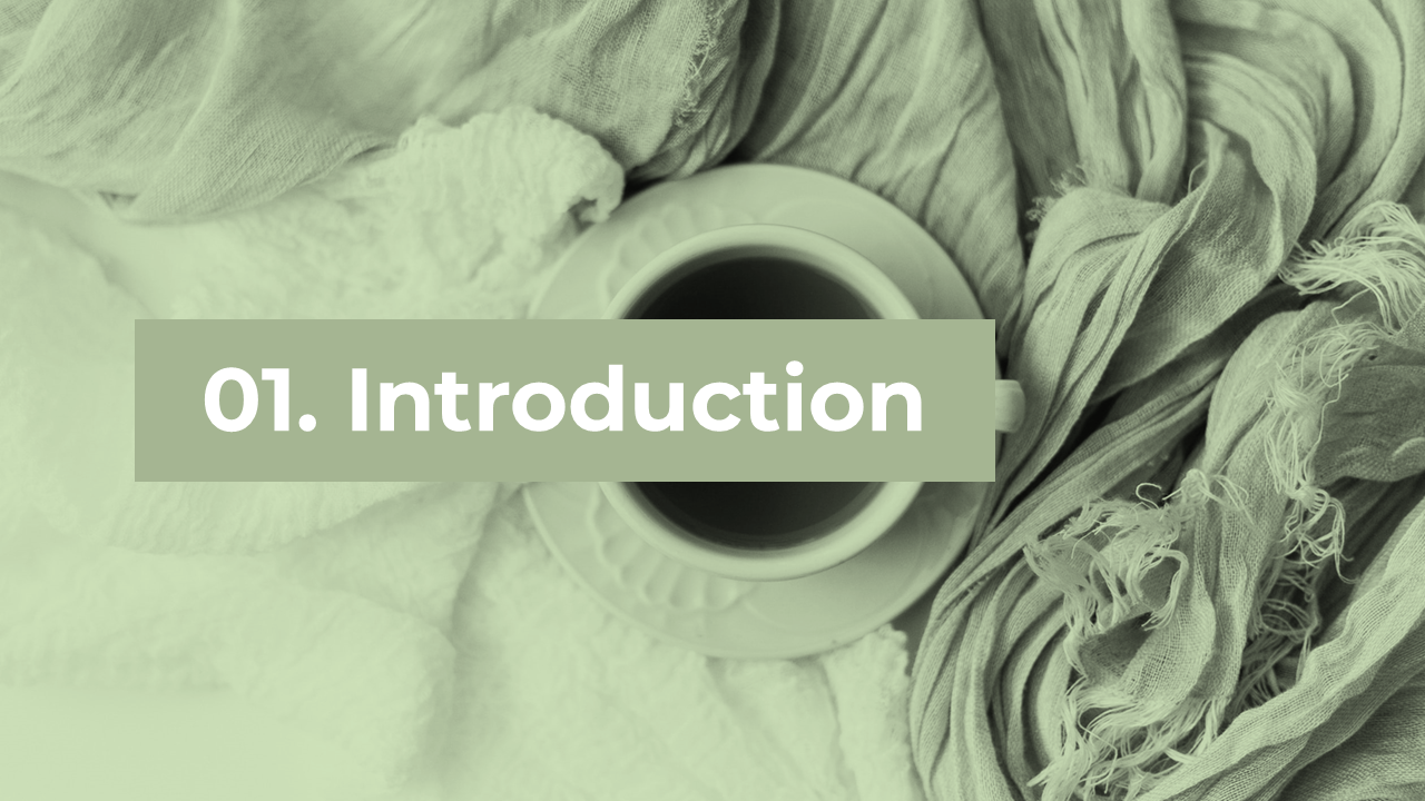 A cup of tea or coffee surrounded by soft fabric with a green overlay displaying the text.
