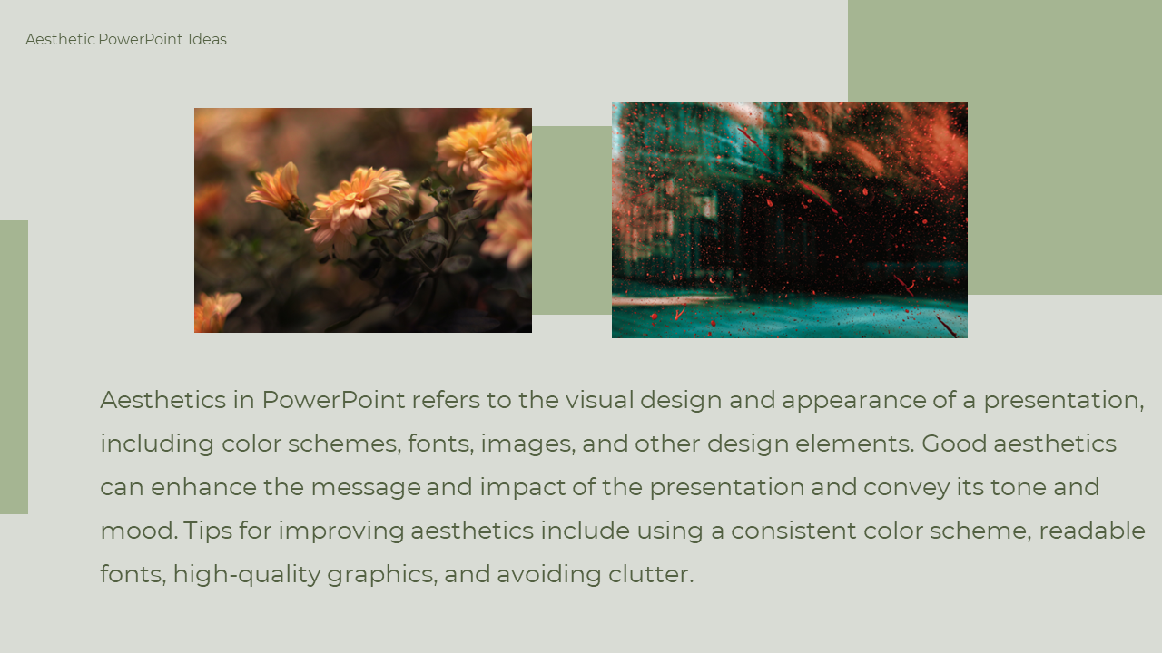 Aesthetic PowerPoint slide with two images one of flowers and the other of vibrant colors splashed, accompanied by text.