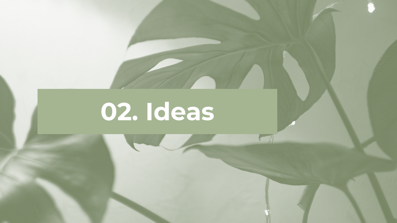 PowerPoint slide with text ideas over a soft, green toned background featuring plant leaves.