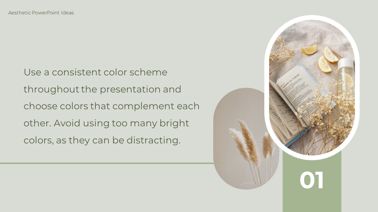 PowerPoint slide showing text on a light green background with a photo of a book and dried flowers in the right corner.