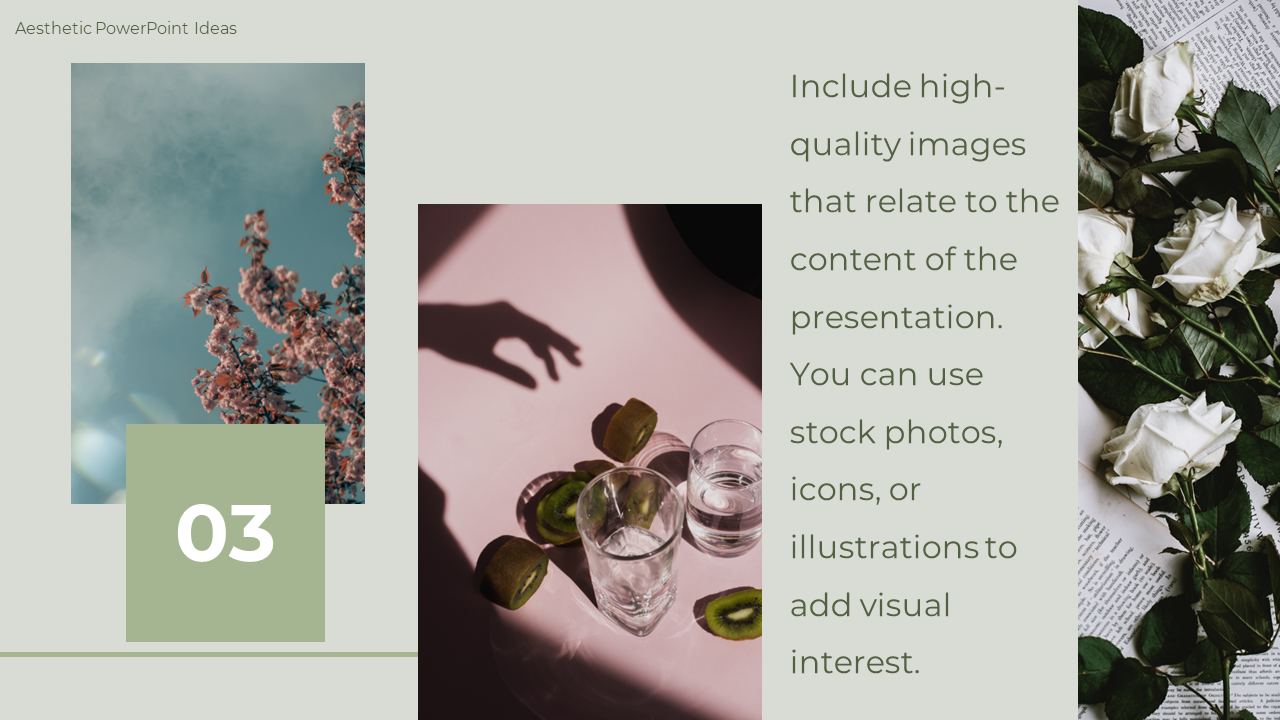 PPT slide with a design tip about using high quality images, featuring photos of flowers and kiwi slices in soft lighting.