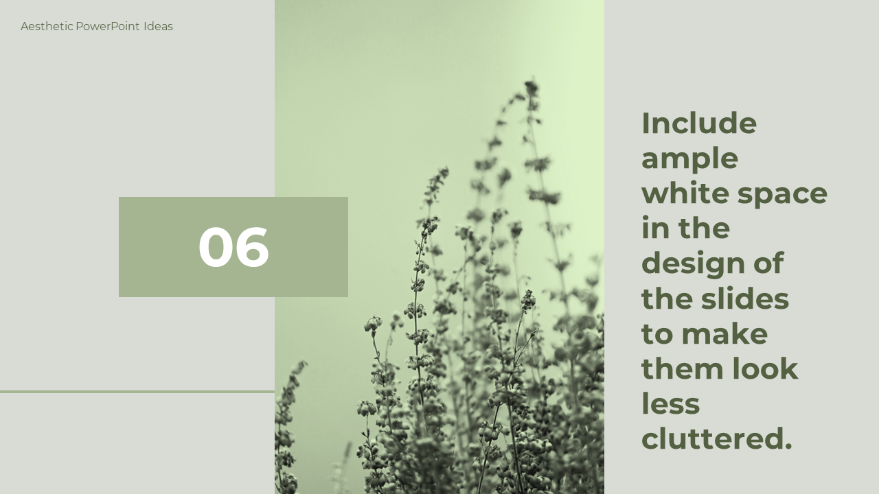 PowerPoint slide emphasizing the use of white space in design, featuring an image of delicate plants in a minimalist style.