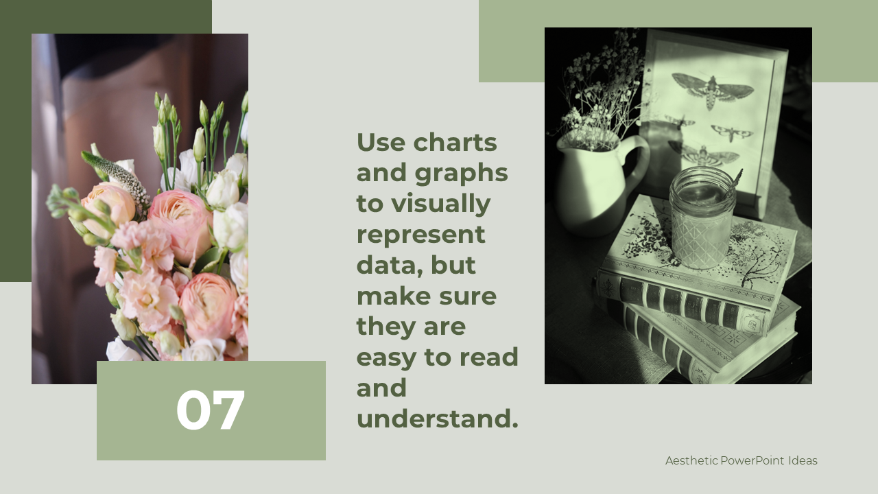 Slide highlighting the importance of using charts and graphs featuring a floral arrangement and vintage book on green theme.