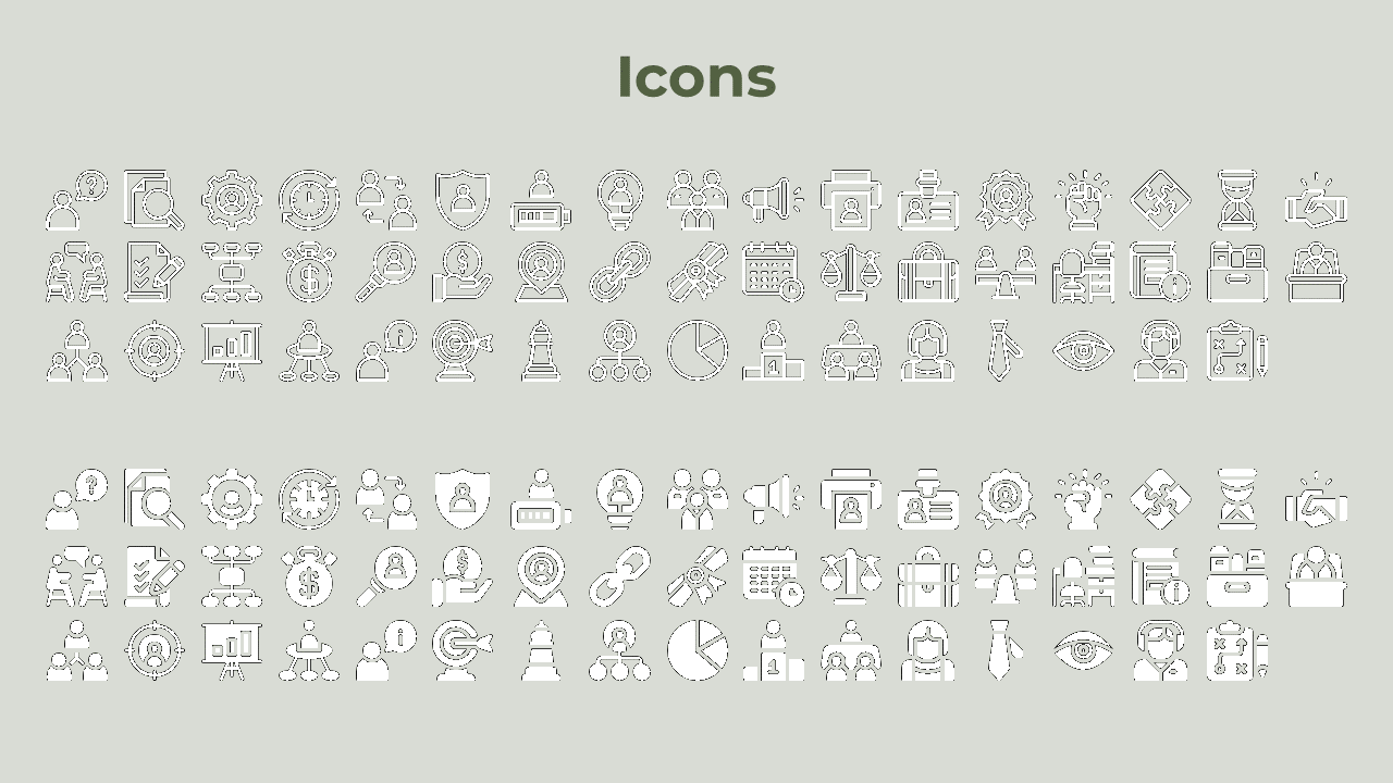 Set of business and technology related icons, including people, gears, charts, and more, organized into rows.