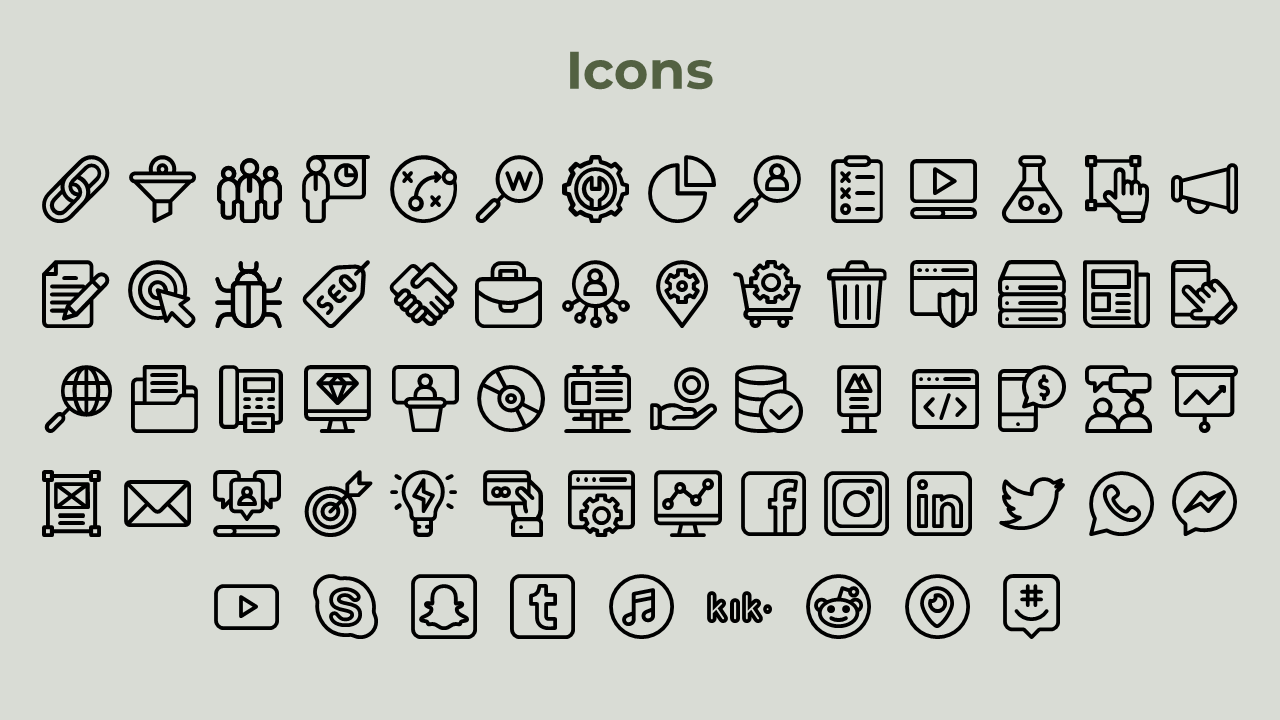 Grid of various black icons representing social media, business, communication, and technology, including logos.
