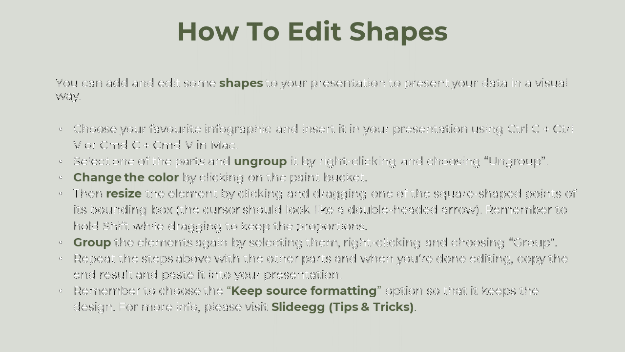 Step by step guide on how to edit shapes in PowerPoint, with instructions to ungroup, resize, and group elements.