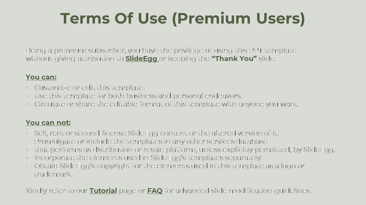 Terms of use for premium SlideEgg users, outlining rights to customize, share, and distribute templates.