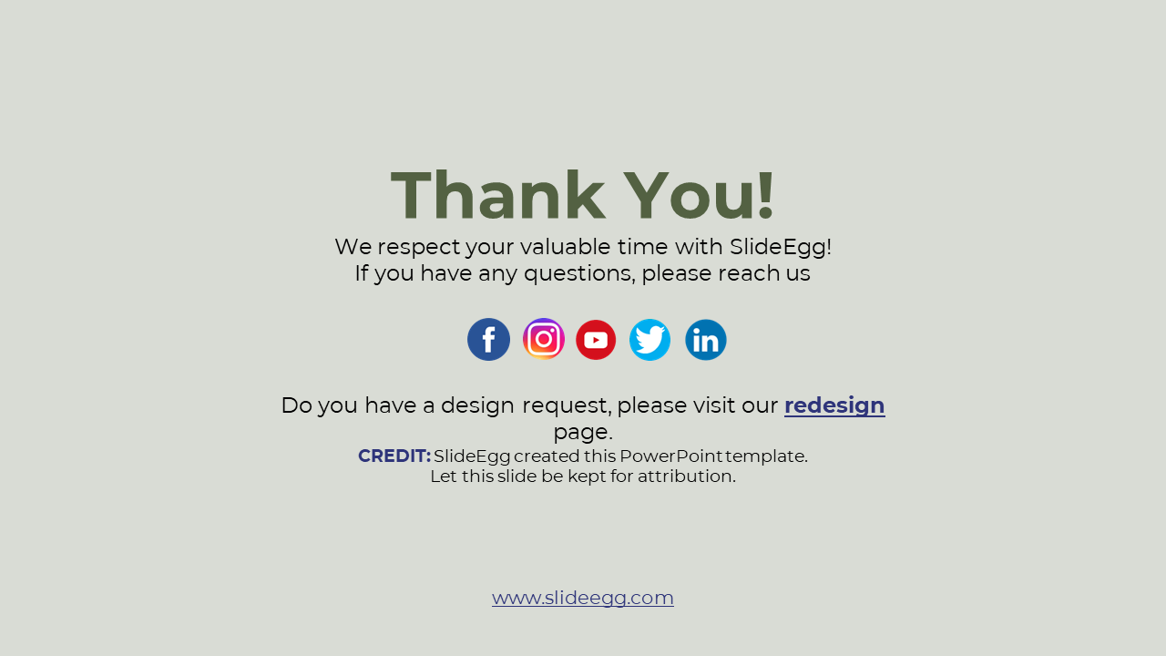 Thank You slide from SlideEgg, with social media links and a note for design requests.