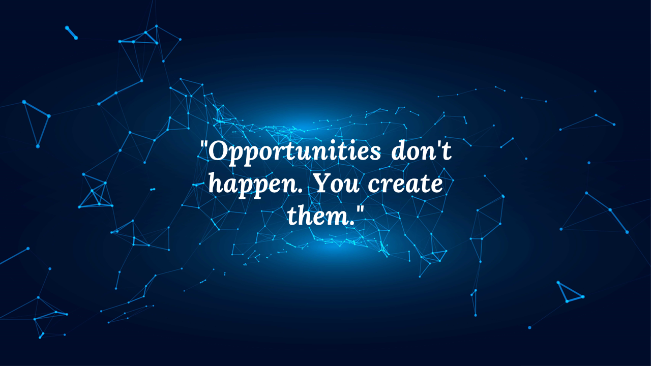 A futuristic design with glowing blue network lines and the quote on a dark backdrop.