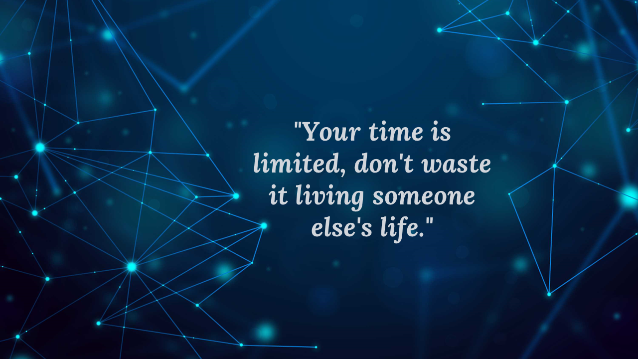 A tech inspired abstract background with bright blue points and lines, displaying the quote.