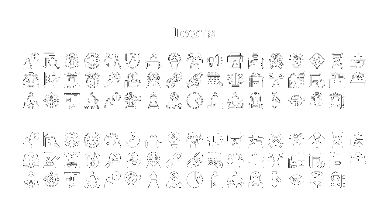 A collection of business related icons in black, including people, charts, gears, and security symbols on a white backdrop.