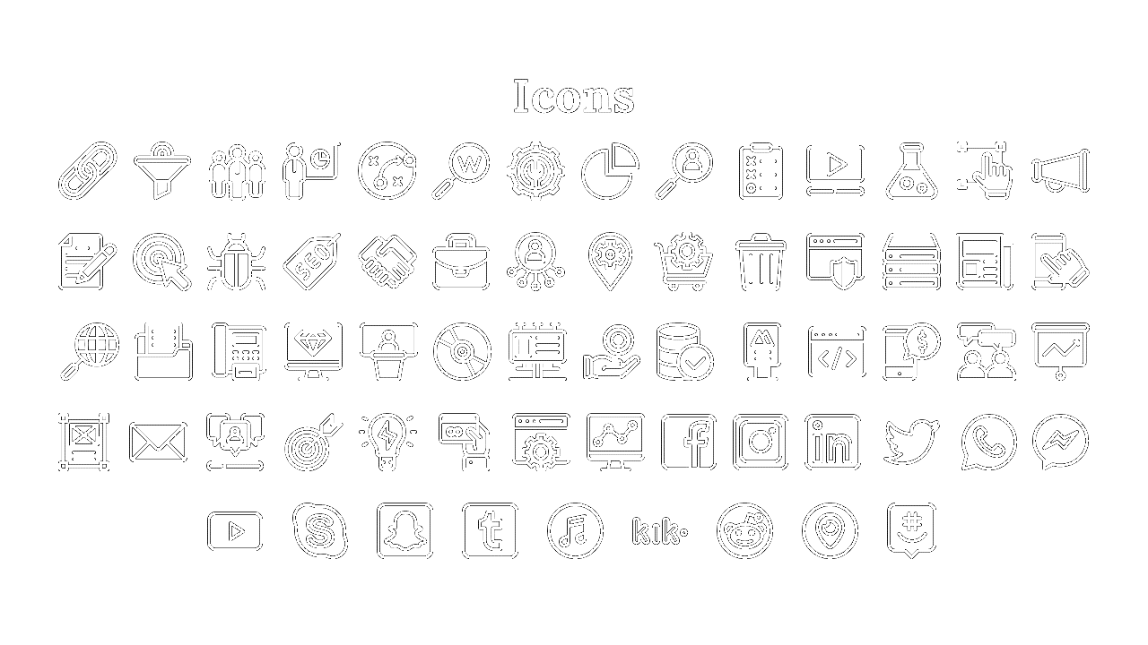 Grid of business and tech related icons, including social media logos, analytics, and communication tools on white backdrop.