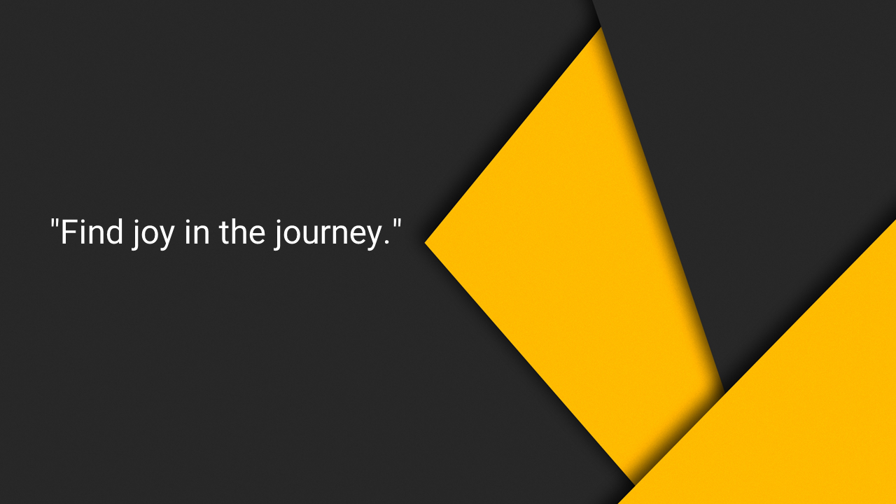 Minimalist slide with a motivational quote on a dark background with yellow geometric shapes.