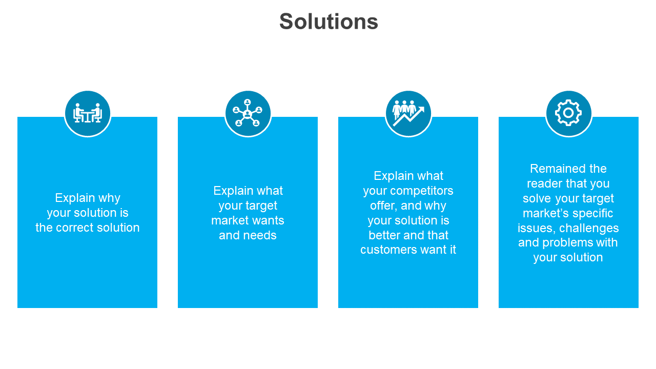 Solutions slide explaining why your solution is the correct answer to your target market's problems with blue icons.