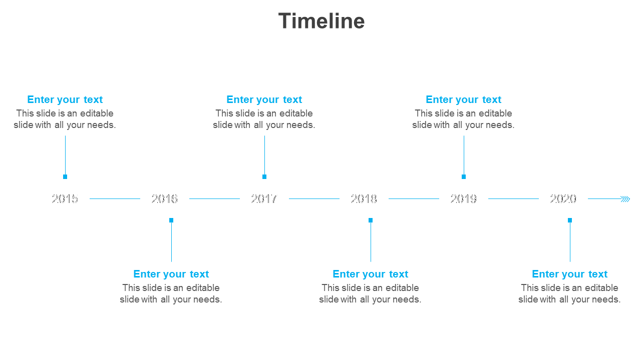 Timeline PPT template with placeholders for text from 2015 to 2020 on a white backdrop.