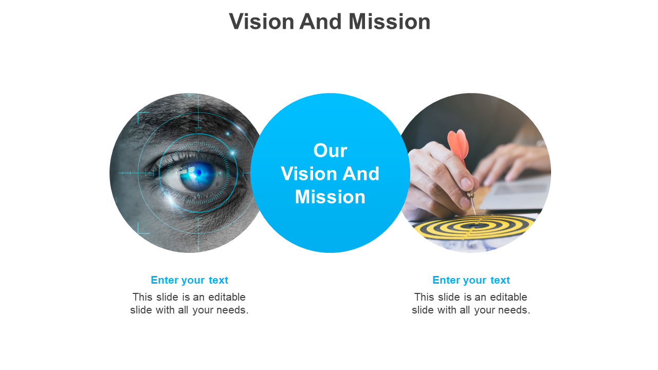A slide showing vision and mission concepts with icons of an eye and dartboard on a white backdrop.