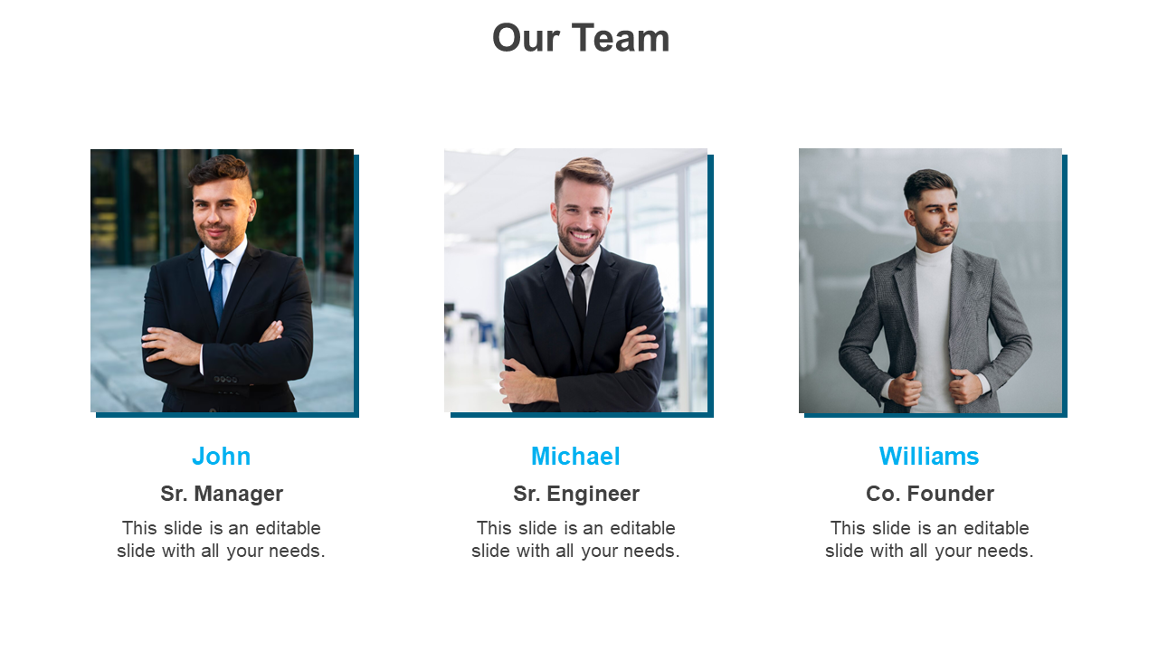 PPT slide showcasing a team section with professional images and roles like Sr. Manager, Sr. Engineer, and Co. Founder.