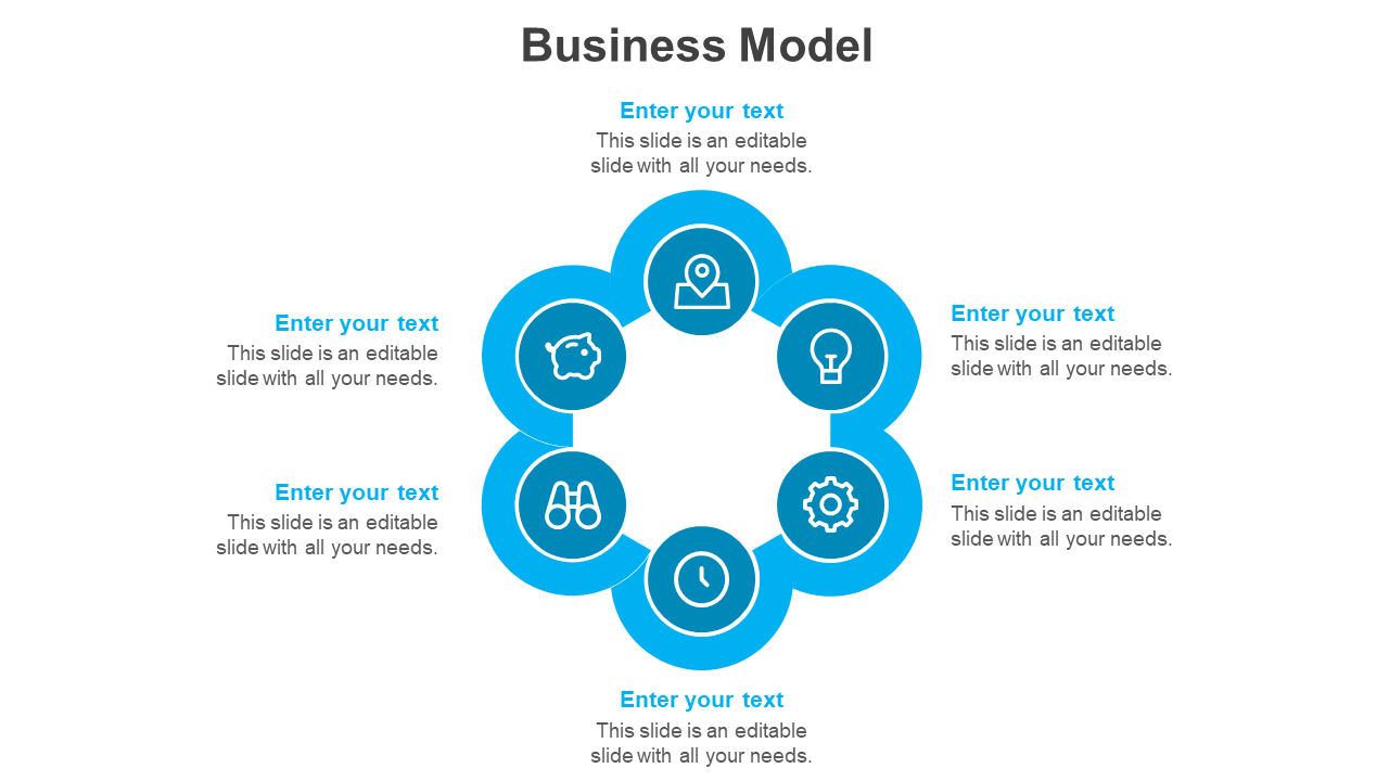 Business model slide with a blue circular diagram displaying various business components on a white backdrop.