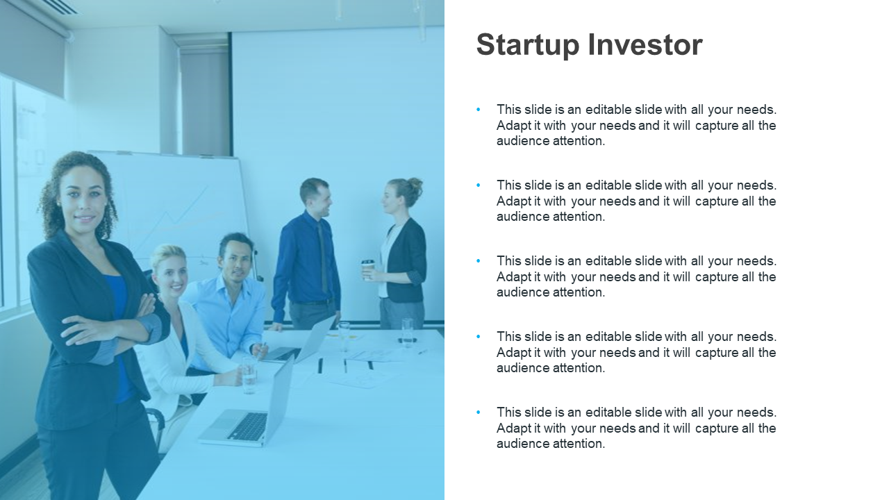 Startup investor PowerPoint slide with a team of professionals in a meeting, ready to discuss business plans.